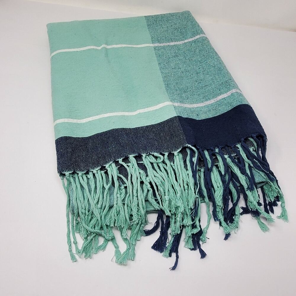 West Elm Multicolor Green Fringed 100% Cotton Throw Blanket Excellent condition